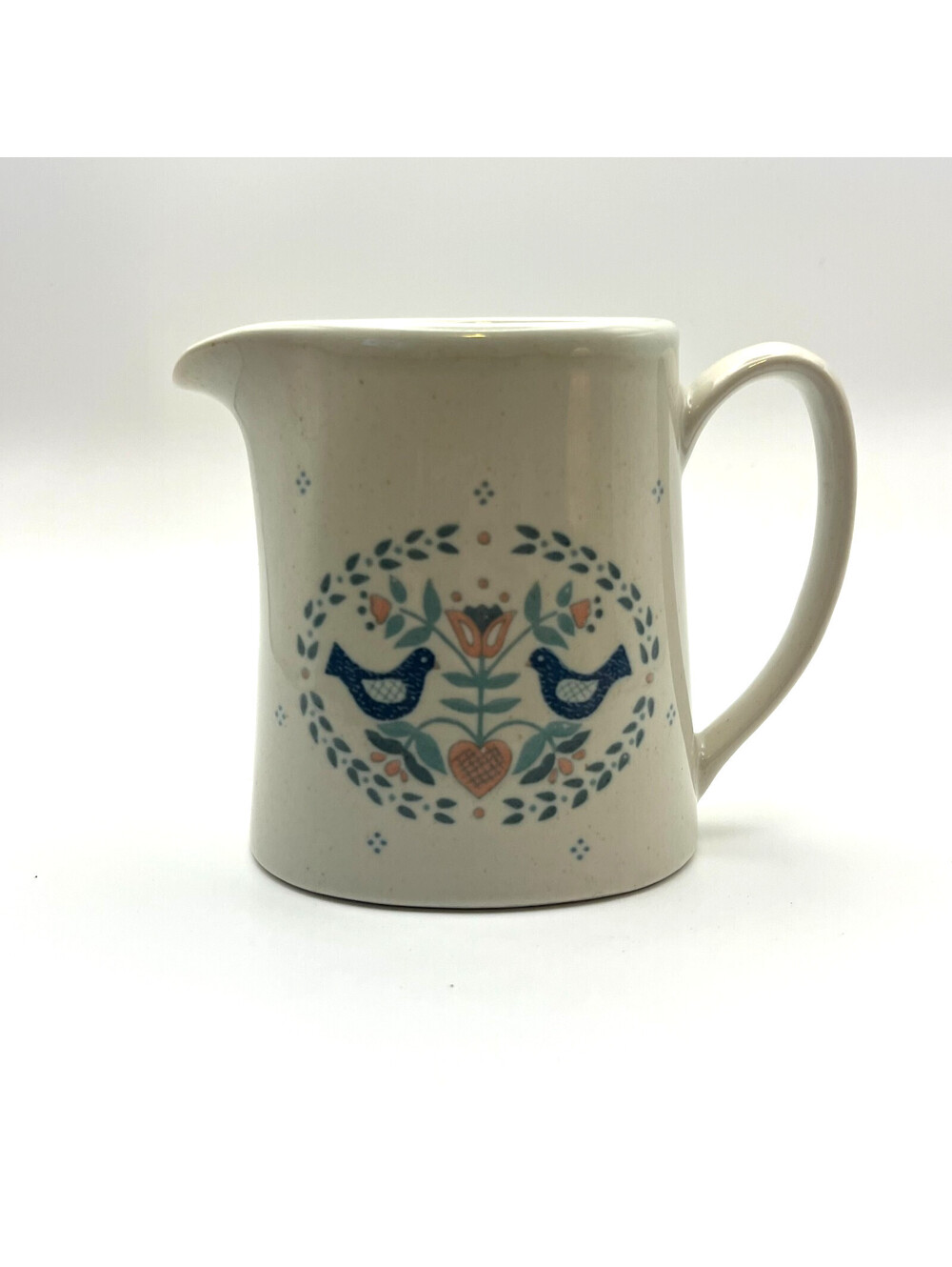 Vintage Otagiri Japan Pitcher Blue Bird Heart Floral Stoneware Folk Art Cottage